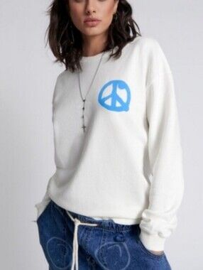 One Teaspoon Cream Crewneck Sweater with Blue Peace Emblem